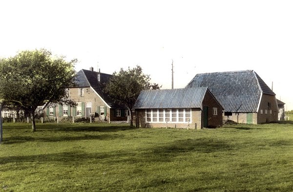 Oude zwart wit foto van boerderij Groot Roesink die ingekleurd is